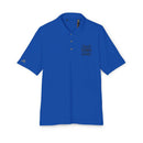 Blue eco-friendly polo shirt from Printify with Good Vibes Only text on chest