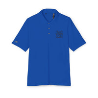 Blue eco-friendly polo shirt from Printify with Good Vibes Only text on chest