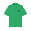 Green eco-friendly polo shirt with Good Vibes Only text and collar from Printify