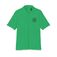 Green eco-friendly polo shirt with Good Vibes Only text and collar from Printify