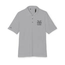 Printify eco-friendly polo shirt in light gray with good vibes only text design on chest