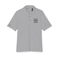 Printify eco-friendly polo shirt in light gray with good vibes only text design on chest