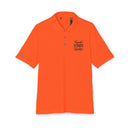 Orange eco-friendly polo shirt with Good Vibes Only text printed on the chest by Printify