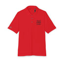 Red eco-friendly polo shirt by Printify with Good Vibes Only text on chest
