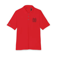 Red eco-friendly polo shirt by Printify with Good Vibes Only text on chest