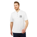 Printify white eco-friendly polo shirt with Good Vibes Only graphic worn by male model