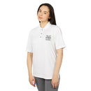 Printify white eco-friendly polo shirt with Good Vibes Only text worn by woman
