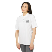 Printify white eco-friendly polo shirt with Good Vibes Only text worn by woman