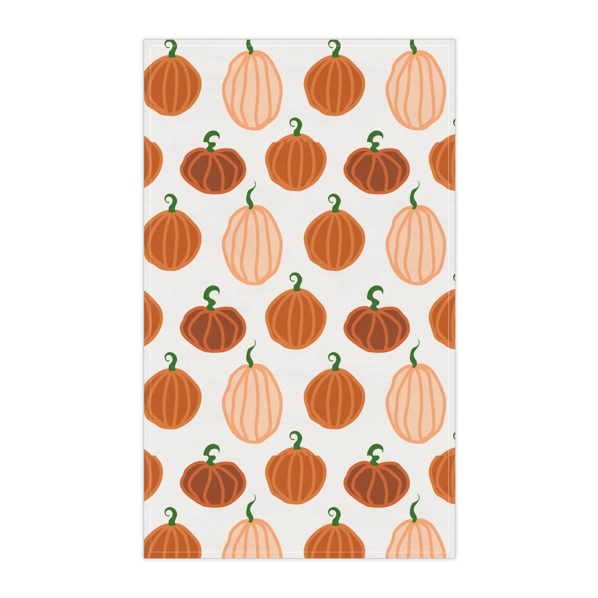 Printify eco-friendly pumpkin tea towels with orange and beige pumpkin pattern for kitchen use