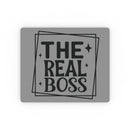 Printify eco-friendly rectangular mouse pad with gray background and The Real Boss black text design