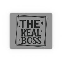 Printify eco-friendly rectangular mouse pad with gray background and The Real Boss black text design
