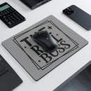 Printify eco-friendly rectangular mouse pad with total boss design and black wireless mouse on gray surface