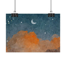 Printify eco-friendly rolled posters featuring a watercolor night sky with stars moon and orange clouds