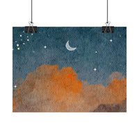 Printify eco-friendly rolled posters featuring a watercolor night sky with moon and stars above orange clouds