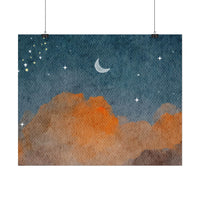 Printify eco-friendly rolled posters featuring a watercolor night sky with crescent moon and clouds