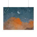 Printify eco-friendly rolled posters featuring a watercolor night sky with crescent moon and stars over orange clouds