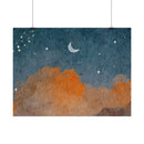 Watercolor night sky poster with crescent moon and stars, eco-friendly rolled posters by Printify