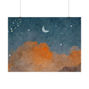 Printify eco-friendly rolled posters featuring a watercolor night sky with moon and orange clouds