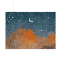 Printify eco-friendly rolled posters featuring a watercolor night sky with moon and orange clouds
