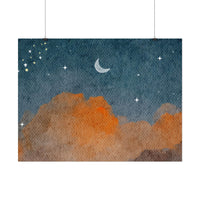 Printify eco-friendly rolled posters featuring a night sky with a crescent moon, stars, and orange clouds