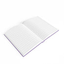 Open eco-friendly ruled journal with purple cover and lined white pages by Printify