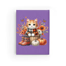 Printify eco-friendly ruled journal with purple cover featuring a cute cat, pumpkins, and autumn flowers