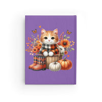 Printify eco-friendly ruled journal with purple cover featuring a cute cat, pumpkins, and autumn flowers