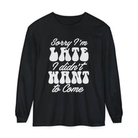 Black Printify eco-friendly sarcastic long sleeve shirt with white apology graphic text