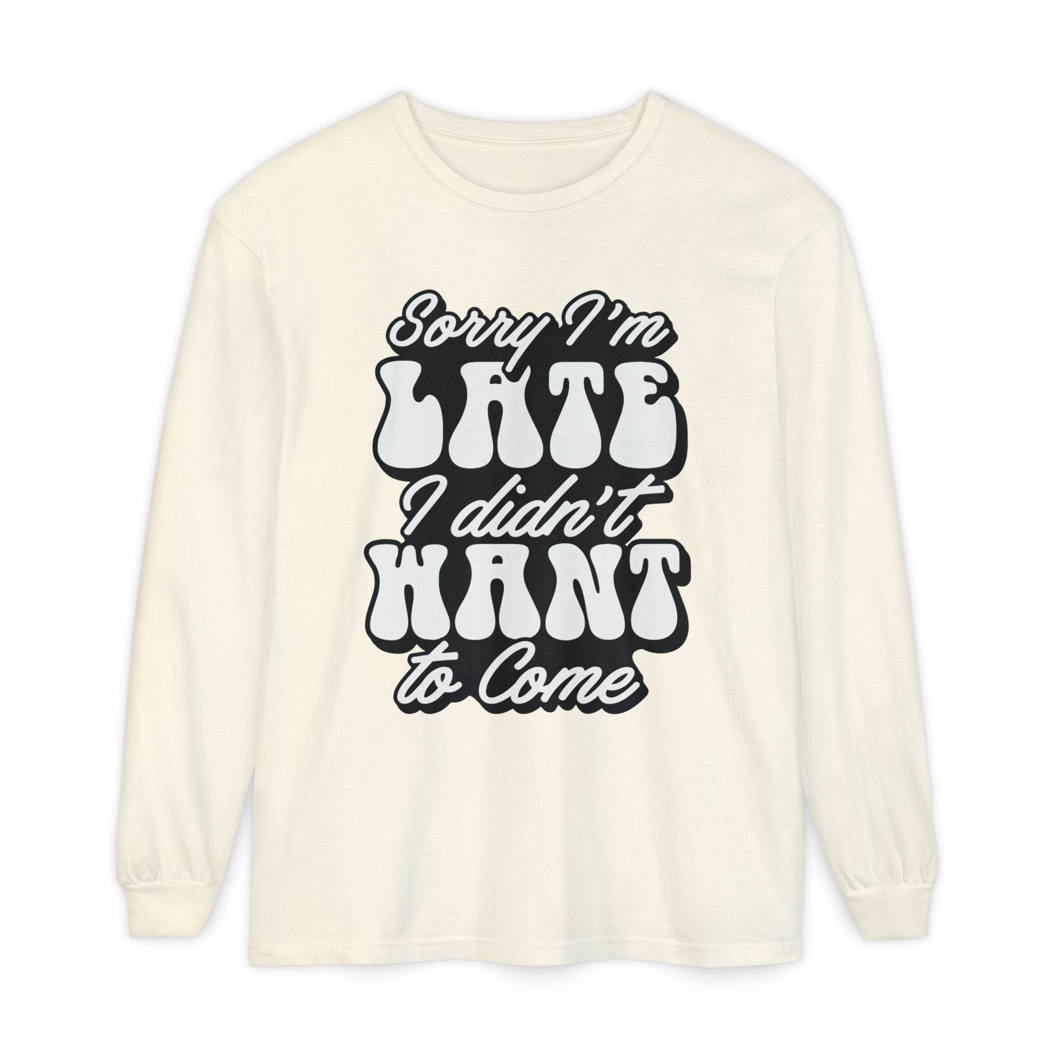 Printify eco-friendly sarcastic long sleeve shirt in cream with bold black text graphic