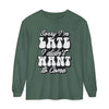 Printify eco-friendly sarcastic long sleeve shirt in green with white text saying Sorry I'm late I didn't want to come