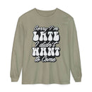 Printify eco-friendly sarcastic long sleeve shirt with Sorry I'm Late graphic text in white on olive green