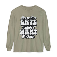 Printify eco-friendly sarcastic long sleeve shirt with Sorry I'm Late graphic text in white on olive green