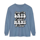 Printify eco-friendly sarcastic long sleeve shirt in blue with white bold text phrase