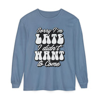 Printify eco-friendly sarcastic long sleeve shirt in blue with white bold text phrase