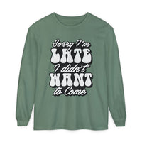 Printify eco-friendly sarcastic long sleeve shirt in green with white humorous text design