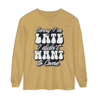 Printify eco-friendly sarcastic long sleeve shirt in beige with Sorry I'm Late graphic text
