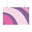 Printify eco-friendly satin posters with abstract pink and purple curved design hanging on clips