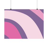 Printify eco-friendly satin posters featuring abstract curved pink and purple design hanging on clips