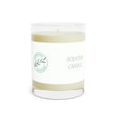 Printify eco-friendly scented candle in a clear glass jar with minimalistic white label and green logo