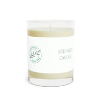 Printify eco-friendly scented candle in a clear glass jar with minimalistic white label and green logo