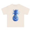 Printify eco-friendly short-sleeve t-shirt with blue geometric pineapple design on beige fabric