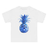 White Printify eco-friendly short-sleeve t-shirt featuring a blue geometric pineapple graphic