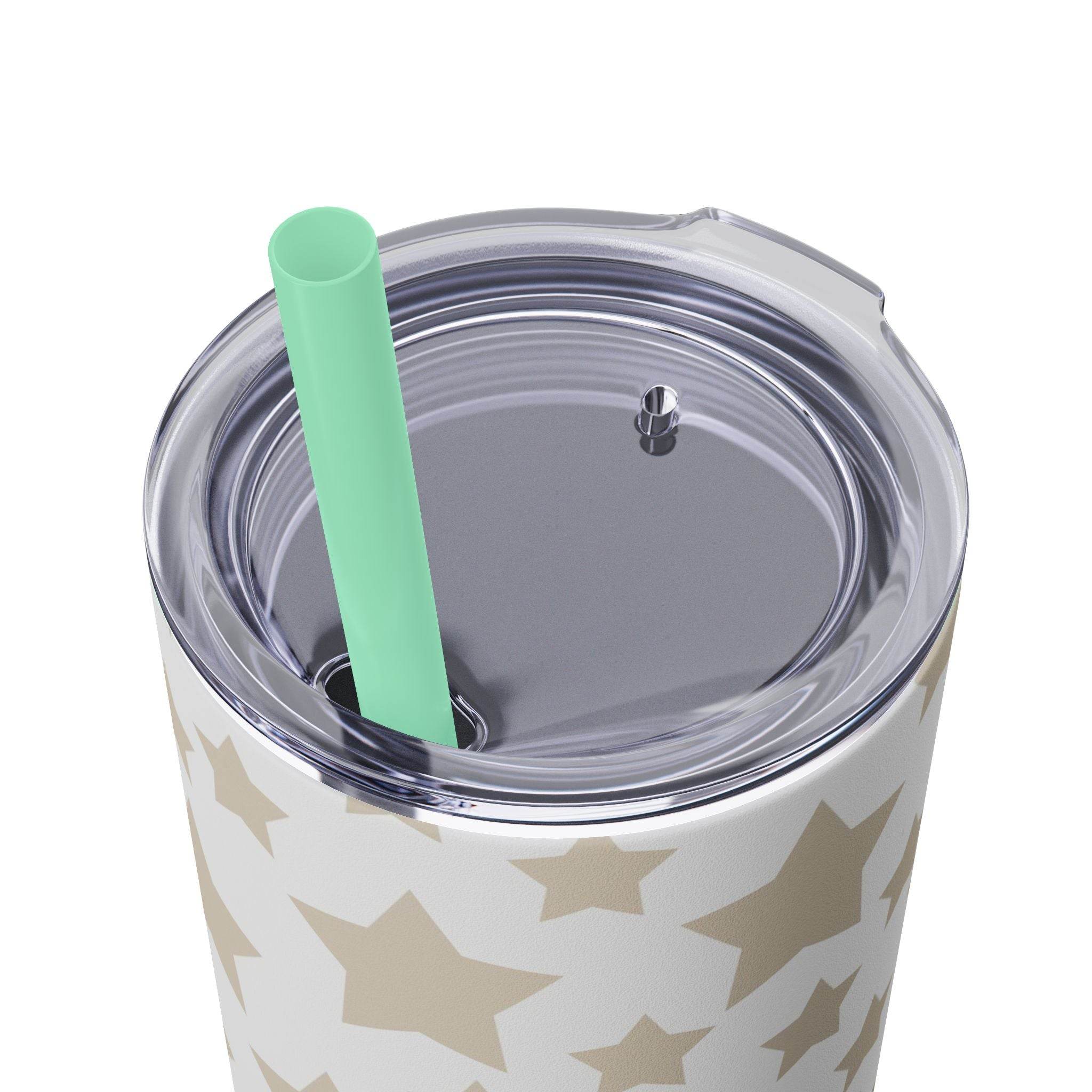 Printify eco-friendly skinny tumbler with beige star pattern and clear lid with green straw