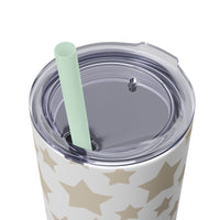 Printify eco-friendly skinny tumbler with beige star design and clear lid with mint green straw