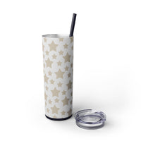 Printify eco-friendly skinny tumbler with beige star pattern and clear lid with black straw