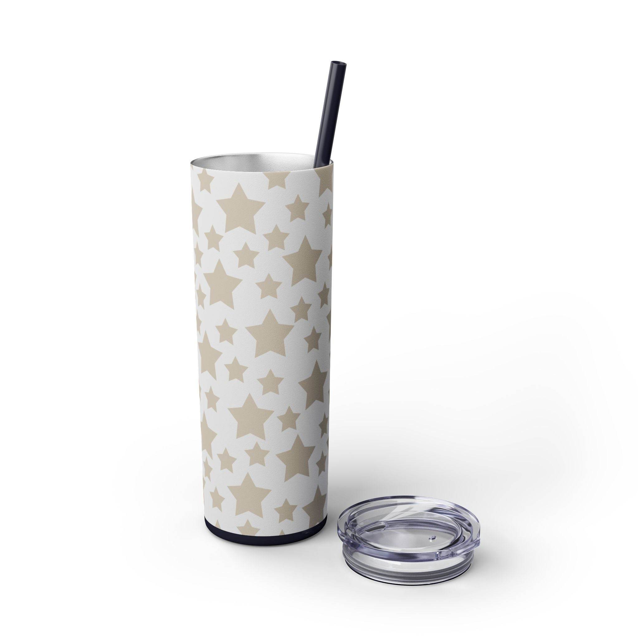 Printify eco-friendly skinny tumbler with beige star pattern and clear lid with black straw