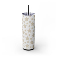 Printify eco-friendly skinny tumbler with beige star pattern and black straw on white background