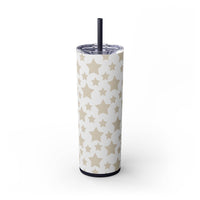 Printify eco-friendly skinny tumbler with beige star pattern and black lid with straw