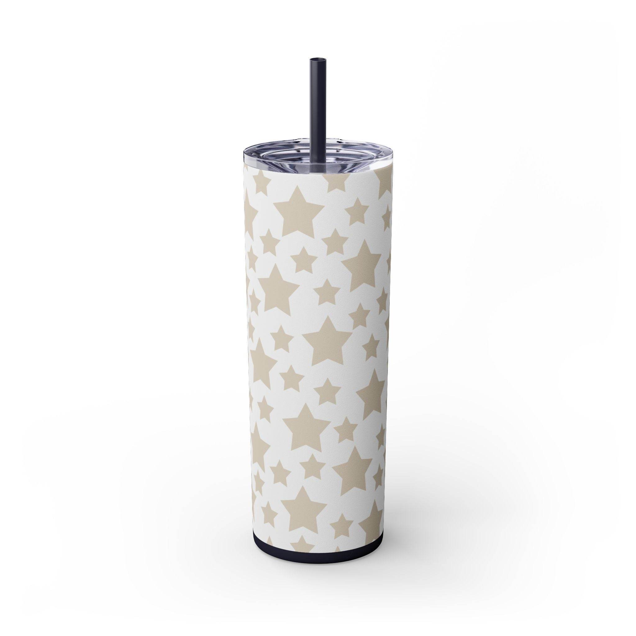 Printify eco-friendly skinny tumbler with beige star pattern and black lid with straw