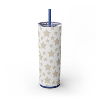 Printify eco-friendly skinny tumbler with beige star pattern and navy lid with straw
